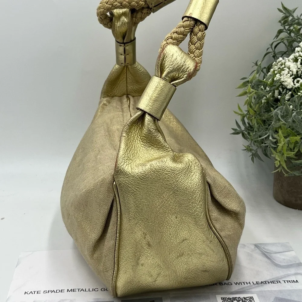 Authenticated Kate Spade Gold Metallic Glitter Canvas Leather Gabi Avalon Hobo‎